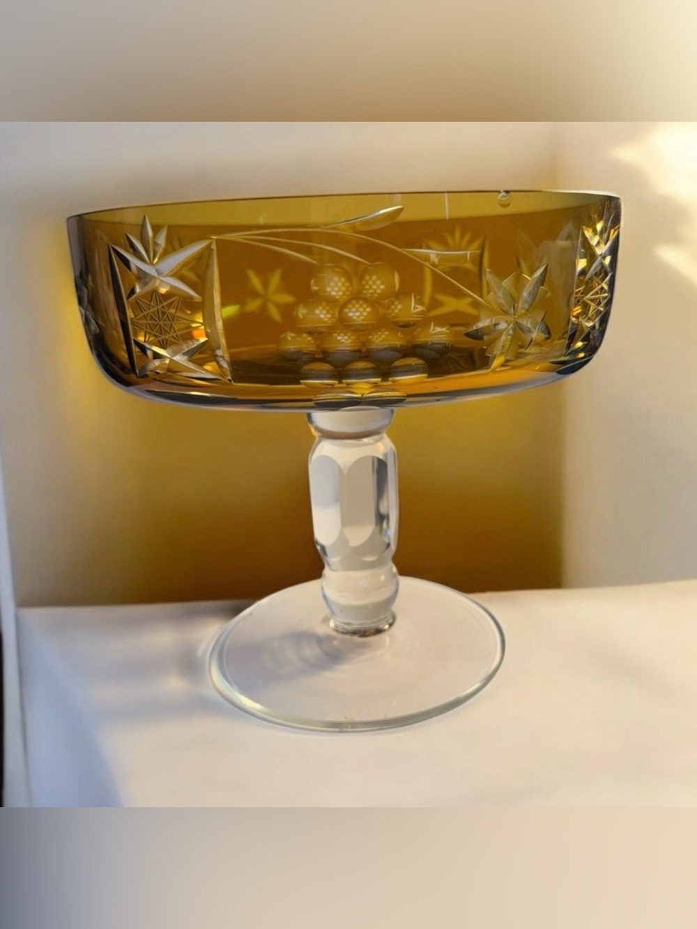 Cut To Clear Amber Glass Pedestal Compote Bowl